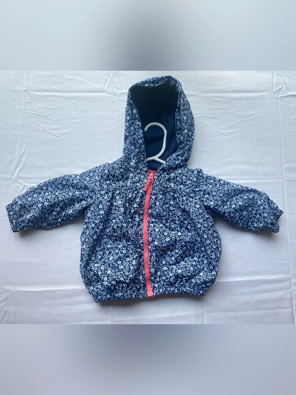 Carter's Baby 6m Navy Blue and White Floral Hooded Raincoat with Pink Zipper